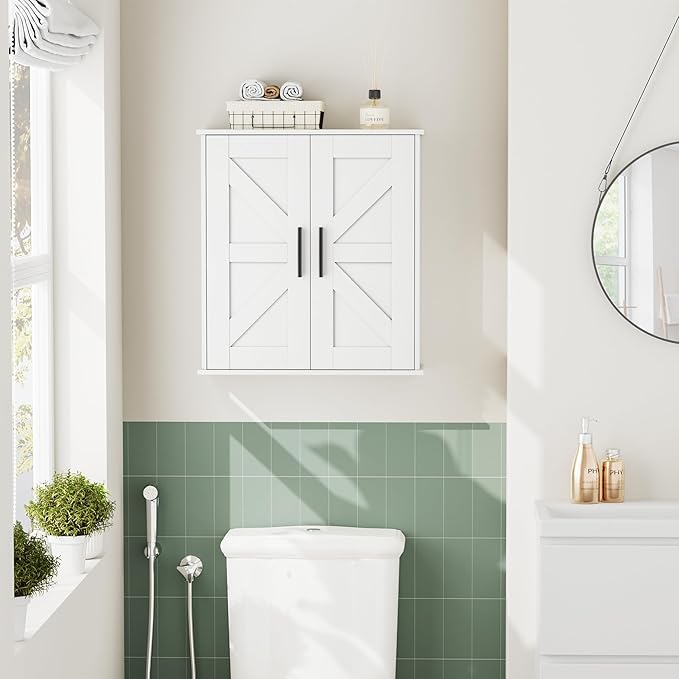 Homleke Bathroom Wall Cabinet, Over Toilet Storage Cabinet with Barn Doors and Adjustable Shelves, 3-Tier Medicine Cabinet Wall Mounted, for Bathroom, Kitchen, Entryway, Laundry Room, White, (7.9" D)