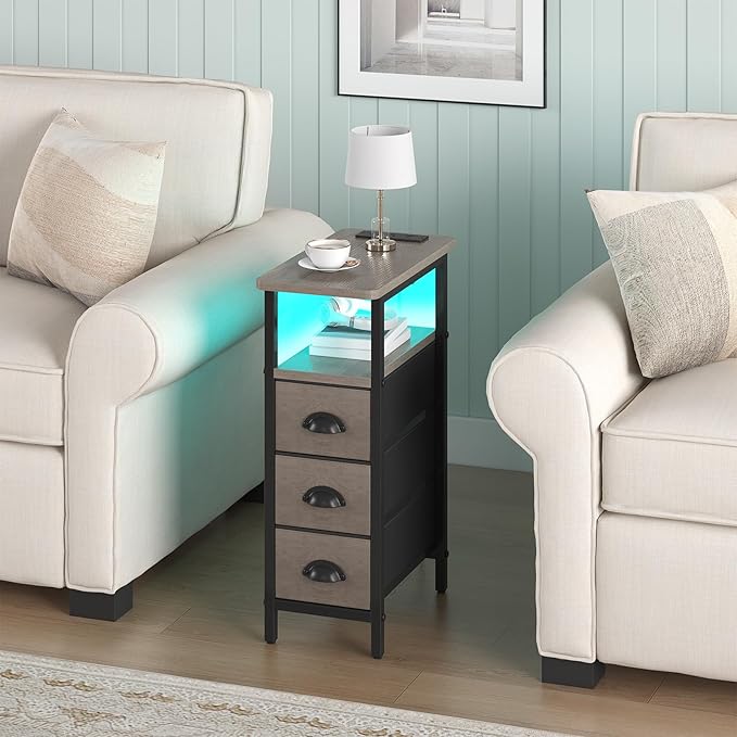 sthmec End Table with Charging Station,LED Side Tables with USB Ports and Outlets,Skinny Bedside Tables with 3 Drawers,Small Tabls Nightstands for Small Space,Slim Sofa Table for Livingroom, Grey