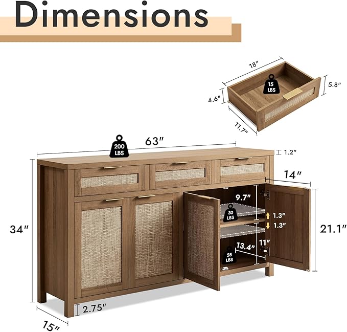HOKYHOKY 63" Rattan Sideboard Buffet Cabinet, Boho Storage Cabinet with Adjustable Shelves, Farmhouse Credenza Coffee Bar Cabinets with 4 Doors & 3 Drawers for Living Room, Hallway & Kitchen