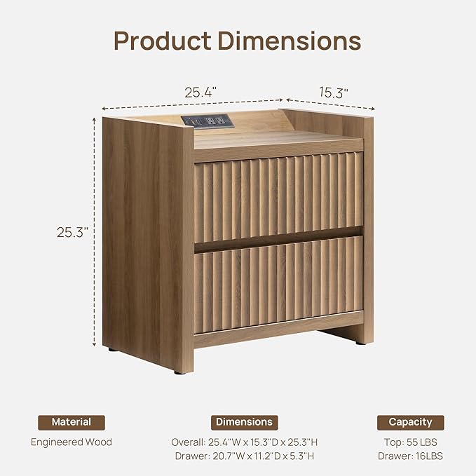 SICOTAS Night Stand Fluted Nightstands with Charging Station-Modern 2 Drawers Nightstand 25" Tall Bedside Table End Table, Large Night Stands for Bedroom, Sofa Side (Caramel Oak, 1 Piece)