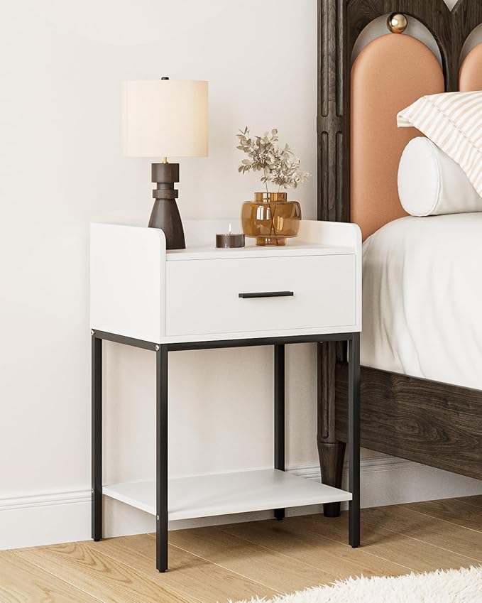 Nightstand, Modern Bedside Table with Drawer and Legs,White and Black Night Stand with Open Shelf, Narrow Side Table for Bedroom, Living Room
