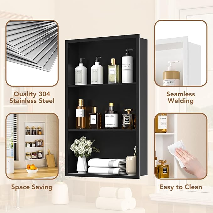 14x24 Recessed Medicine Cabinet, Bathroom Wall Cabinet, 304 Stainless Steel Recessed Wall Niche with 3-Tiers Shelves, Matte Black
