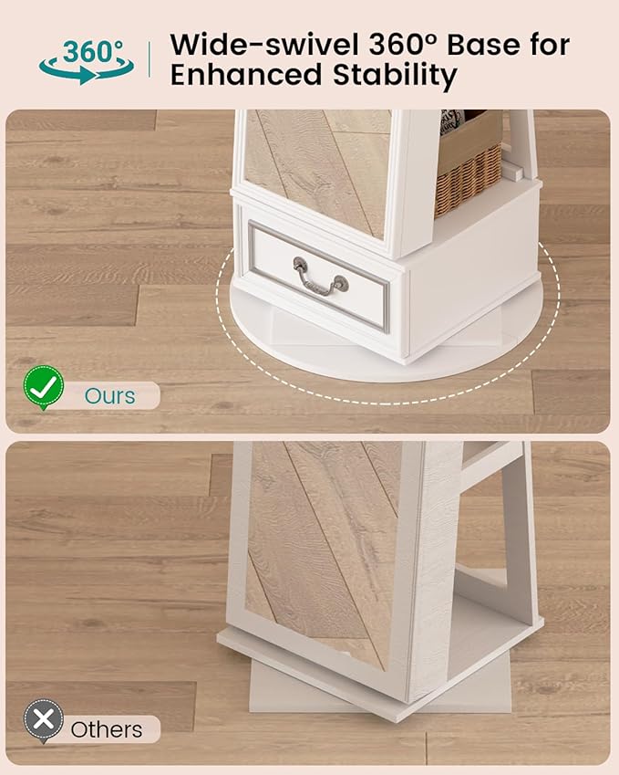 Vlsrka Mirror Jewelry Cabinet Standing, 360° Swivel Jewelry Armoire with Full Length Mirror, Lockable Mirror with Jewelry Storage, 3-Color LED Lights, Foldable Makeup Shelf, White