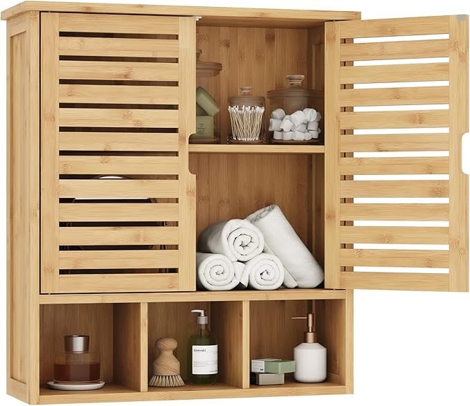 Bathroom Wall Storage Cabinet, Bamboo Medicine Cabinet with Doors and Adjustable Shelves, Bathroom Medicine Cabinet Wall Mount, Wall Mounted Over-the-Toilet Storage Cabinet