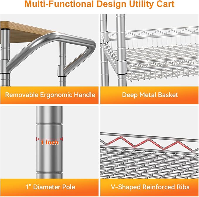 NTE Rolling Kitchen Carts on Wheels, 650Lbs Capacity 3 Tier Utility Cart with Wood Tabletop, Kitchen Storage Cart with 8 Hooks, Metal Serving Cart with Handle and Shelf Liners for Kitchen, Restaurant