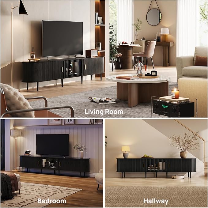 94.5" Fluted Mid Century Modern TV Stand for TVs Up to 80/85/86/90/98/100", Tambour Sliding Doors Entertainment Center with Storage&LED, Curved Media&TV Console Long TV Stands for Living Room, Black