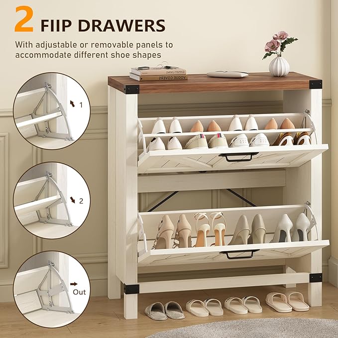 YOMILUVE Shoe Cabinet with 2 Flip Drawers, Farmhouse Shoe Storage Cabinet for Entryway, Slim Shoe Rack Freestanding Shoe Organizer with Barn Door, Brown and White