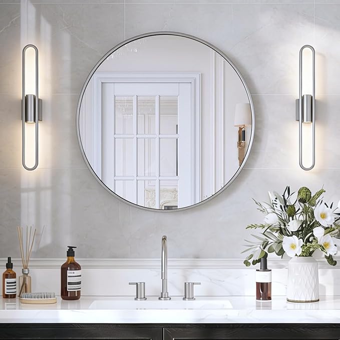 USHOWER Brushed Nickel Bathroom Mirrors for Over Sink, 30 Inch Circle Mirror with Metal Frame, Wall Mirror for Vanity, Entryway, Living Room, Hallway and Bedroom Decor