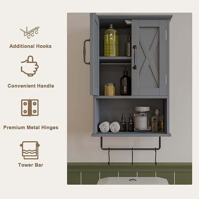 ChooChoo Farmhouse Medicine Cabinet, Bathroom Wall Cabinet with Adjustable Shelf, Towel Bar, 3 Hooks, Over The Toilet Storage Cabinet for Bathroom, Kitchen, Grey