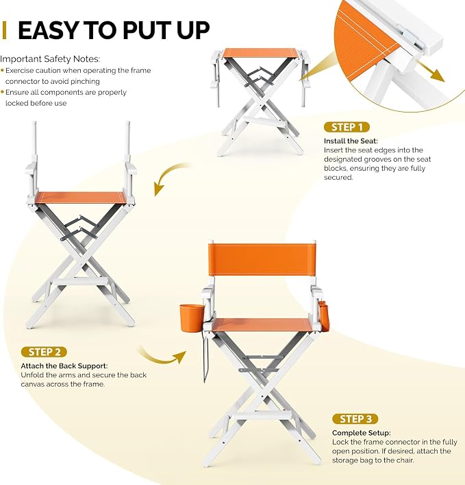 OmySalon 26" H Tall Directors Chair, Wooden Portable Folding Makeup Chair w/Storage Pouch & Footrest, Professional for Salon/Events/Mobile Services, 250lb Capacity, Orange Canvas & White Frame