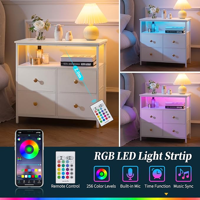 Yoobure Night Stand with Charge Station, Nightstand with 4 Drawers Bedside Table, LED Dresser with Storage Shelf, Night Stands for Bedroom, Side Table 3-Tier Wood End Table for Home, Office White