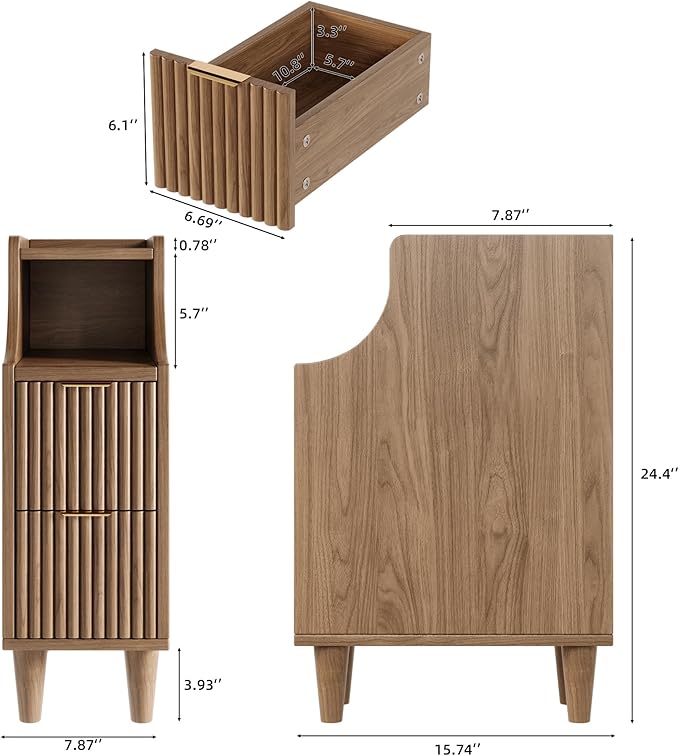 Fluted Nightstands Set of 2,Narrow Bedside Table with 2 Drawers & Storage, Farmhouse Walnut End Table Modern Side Table for Bedroom Livingroom Sofa Office