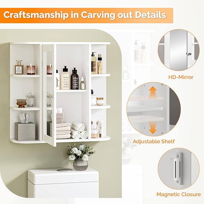 VINGLI Mirror Medicine Cabinet Wall Mounted, Bathroom Storage Organizer Over Toilet with 6 Open Curved Shelves, Adjustable Vanity Cupboard with Single Door for Entryway & Living Room, White
