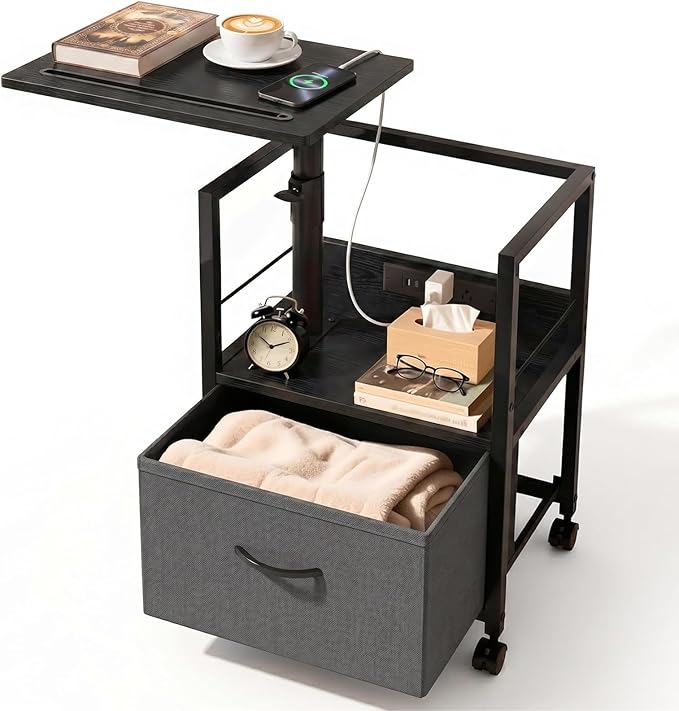 Faesun Swivel Lift Top Nightstand with Charging Station, Rolling Side Table for Recliner, Bedside Table with Wheels & a Fabric Drawer, for Small Spaces, for Bedroom, Living Room, Black Gray