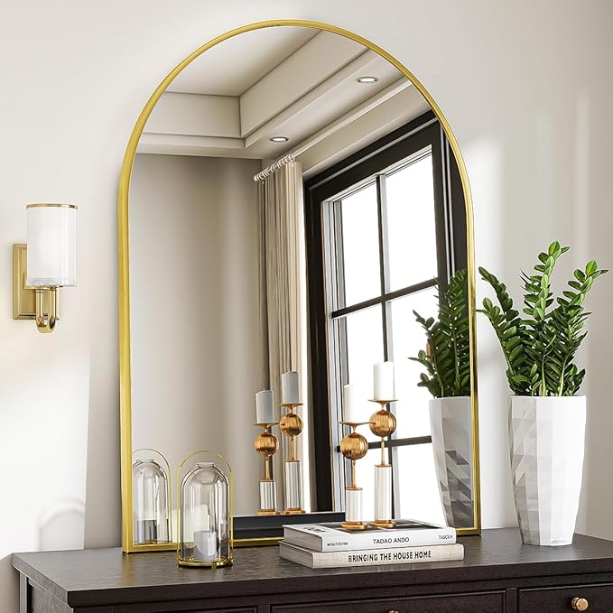 VooBang Arched Wall Mirror, 30 x 38 inch Arch Bathroom Mirror, Wall Mounted Vanity Mirror with Arch Metal Frame, Modern Bathroom Vanity Mirror for Bedroom, Living Room, Hanging or Leaning, Gold