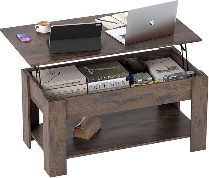 FDW 39.4" Lift Top Coffee Table with Hidden Compartment and Storage Shelf Wooden Lift Tabletop for Home Living Room Reception Room Office,Dark Brown