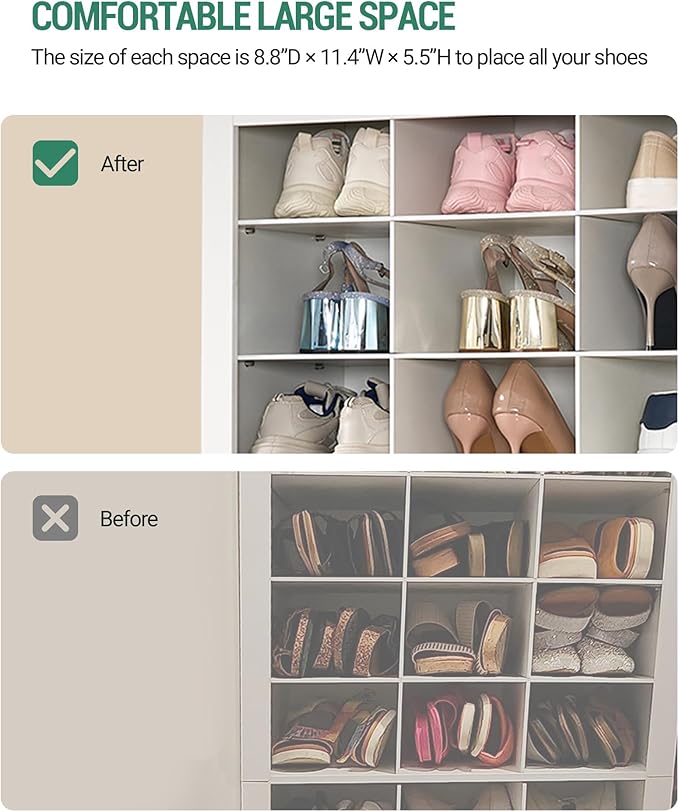 Hzuaneri Shoe Storage Cabinet, 36 Pairs Free Standing Closet Organizer, 9 inch Widened Cell Wood Shoe Organizer, 12 Tiers Vertical Space Saving Shoe Rack for Entryway, Cloakroom, White SR20703X