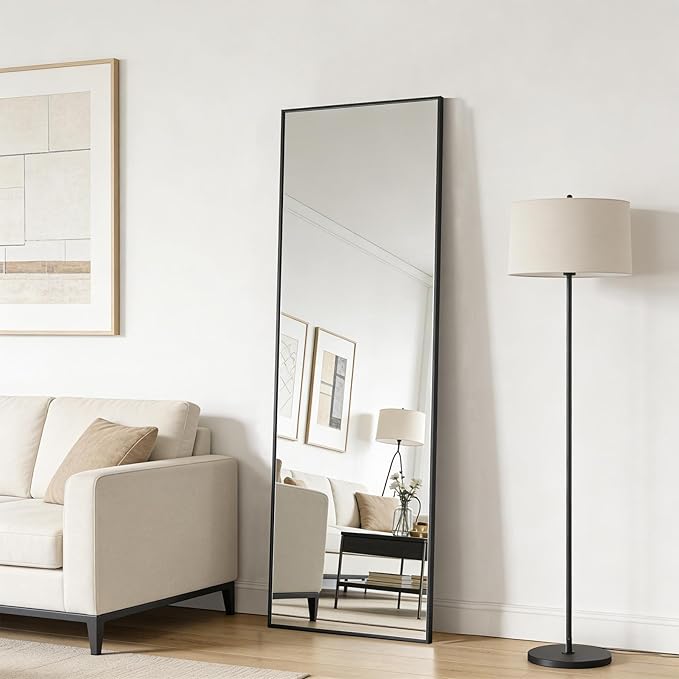Ruomeng 48x14 Inch Full Length Door Hanging Mirror, Rectangle Full Body Mirror Over The Door, Wall Mounted Metal Aluminum Framed, Tempered Glass Mirror for Bathroom Entryway Bedroom Living Room