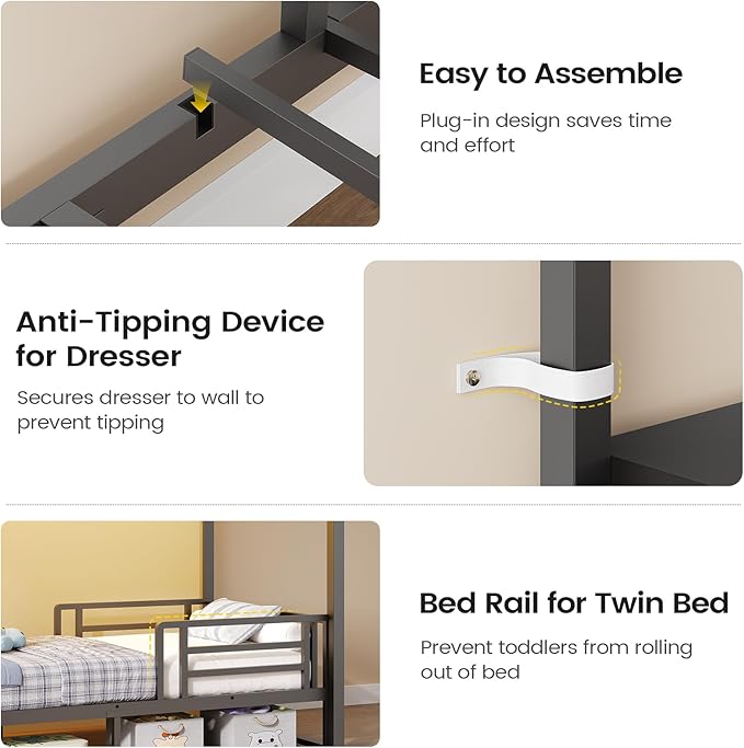 AOGLLATI Bunk Bed Twin Over Twin with 6 Storage Drawers for Kids Teens,Metal Led Loft Bed with Bedside Storage,Safety Guardrails for Small Space, No Box Spring Needed, Grey