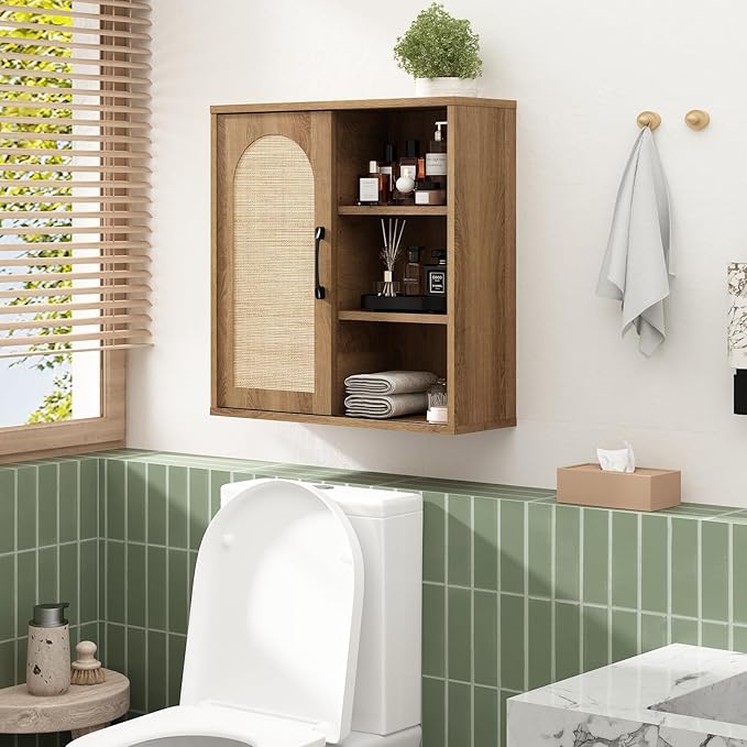 RUSTOWN Boho Rattan Wall Cabinet, Mid Century Bathroom Cabinet with Sliding Door, Adjustable Shelves, Over The Toilet Storage Cabinet (Rustic Oak)