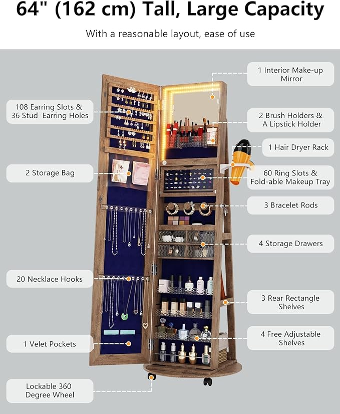 Full Length Mirror With Jewelry Storage, 360 Swivel Jewelry Armoire Organizer With Lights, Lockable Cabinet Standing, Christmas Gifts, Walnut