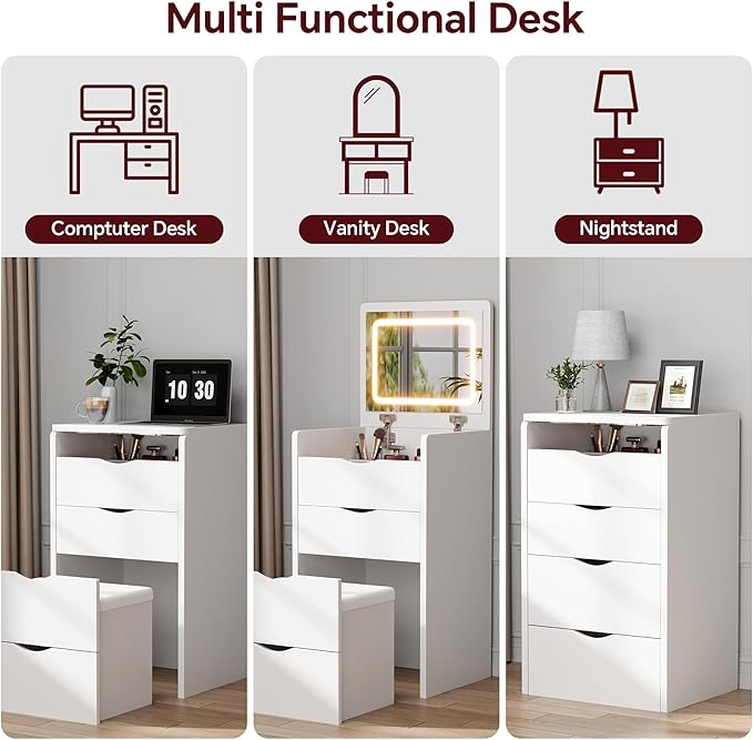 Mr IRONSTONE Compact Vanity Desk with Mirror and Lights, Hidden Makeup Vanity Cabinet with Storage Drawers & Shelves, Small Vanity Table for Bedroom, Flip Top Vanity for Small Spaces, White