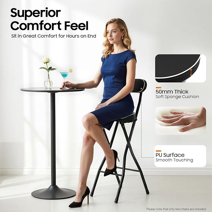Folding Bar Stool with Back & Footrest, 38.5 in Tall Foldable Stool, Portable Stools, Counter Height Foldable Stools Chairs Seat Padded Collapsible Stool for Adults Kitchen Island, Set of 2, Black