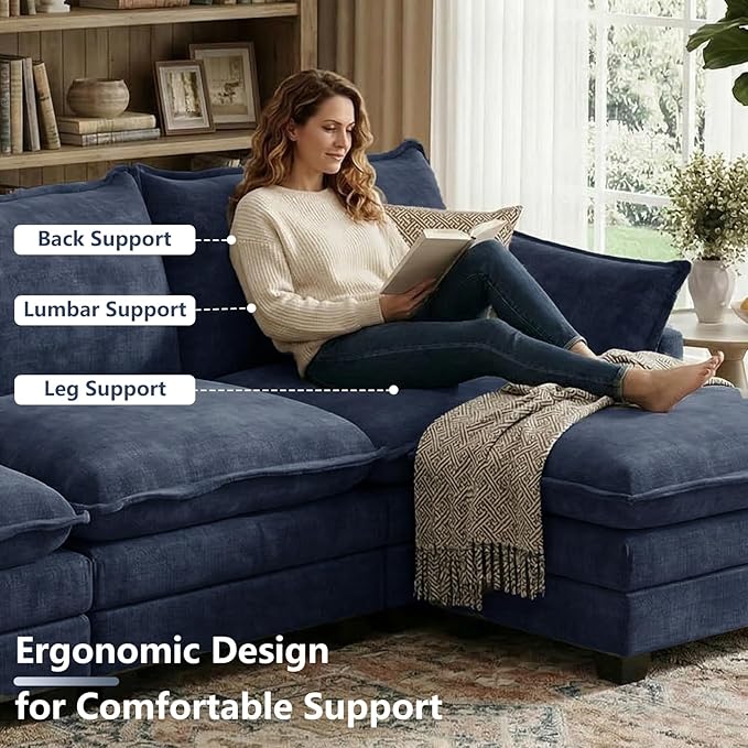 U Shaped Modular Sectional Sofa, Cloud Couch with Movable Ottoman, Comfy Chenille Sofa with Pillows for Living Room, Bedroom, Apartment, Blue