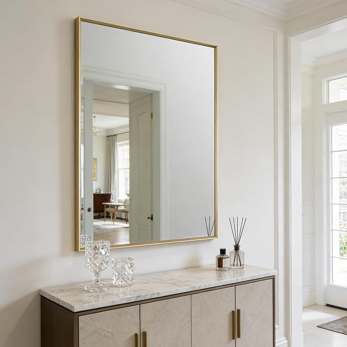 Bathroom Mirror for Wall, 30x40 Inch Metal Framed Mirror, Brushed Gold Rectangle Mirror, Bathroom Vanity Mirror Farmhouse, Tempered Glass, Anti-Rust, Hangs Horizontally or Vertically