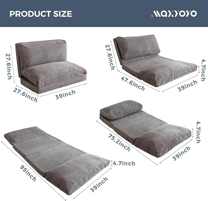 MAXYOYO Folding Sofa Bed, Extra Thick and Long Floor Sofa Convertible Sleeper Chair with Washable Cover, Floor Couch Lounge Bean Bag Bed for Living Room, Grey, 39x95 Inch