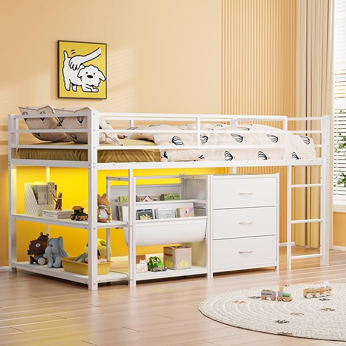 JOYMOR Low Loft Bed Twin Size with 3 Storage Drawers, 2 Tier Storage Shelves, 2 Tier Bookcase and LED Lights, Metal Kids Loft Bed with Safety Guardrail, Spave Saving Design (White)