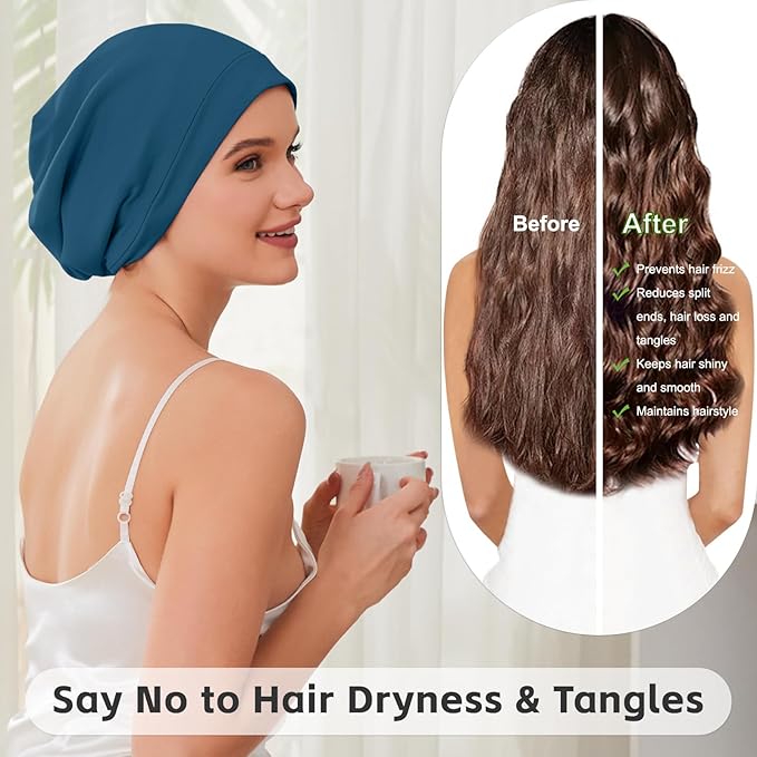 Silk Bonnet for Sleeping Women, Adjustable Silky Satin Lined Sleep Cap, Silk Hair Wrap Slouch Beanie Hat