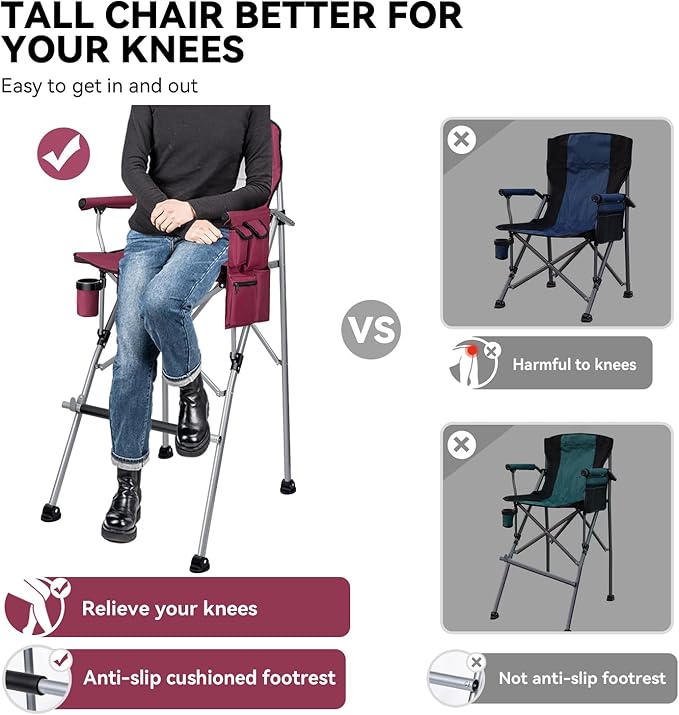 Foldable Directors Makeup Salon High Chair - Portable Camping Bar Height Folding Photoshoot Chairs with Stroage Bag Cup Holder Non-Slip Footrest, Supports 400 lbs Red Tall Director Chair