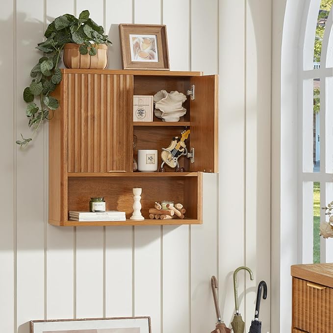 LEYAOYAO Fluted Bathroom Wall Cabinet, Wall-Mounted Medicine Cabinet with Adjustable Shelf and 2 Doors, Tea Brown Farmhouse Over the Toilet Storage Cabinets for Laundry Room, Kitchen, Living Room