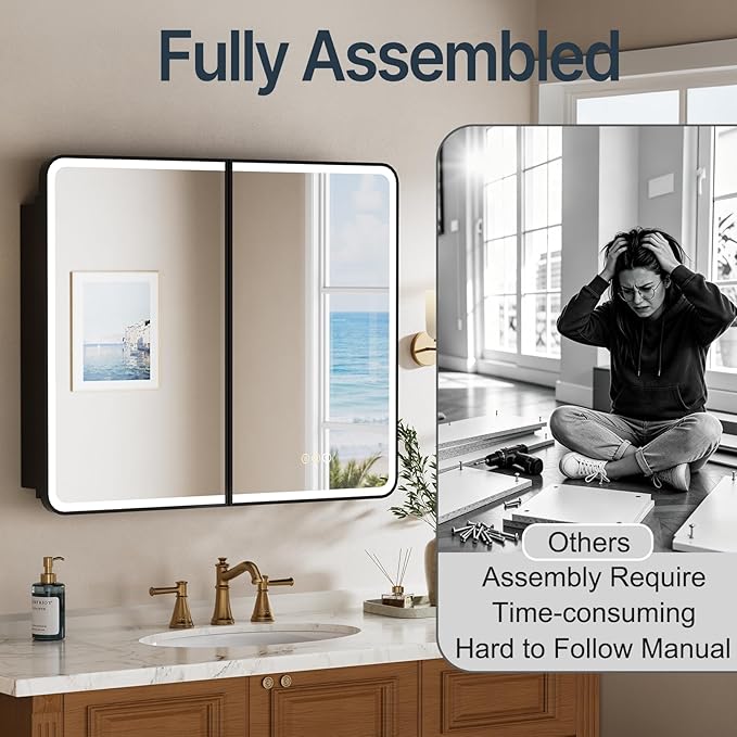 36x30 Inch Medicine Cabinet with Mirror, Recessed or Surface Mount Bathroom Medicine Cabinet with LED Lights, Anti-Fog, Memory Function, Adjustable Shelf, Dimmable Light, ETL Listed, Black