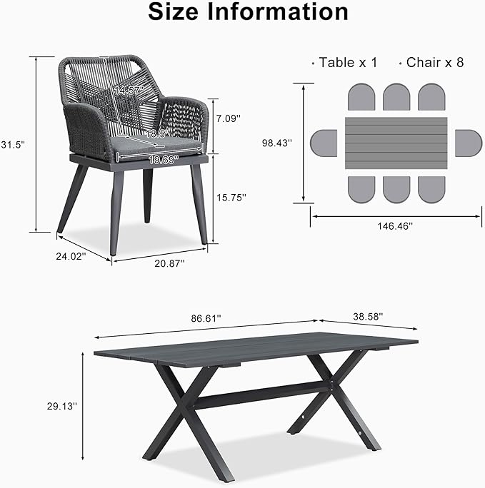 PURPLE LEAF 9 Pieces Outdoor Patio Dining Set All-Weather Aluminum Frame PE Rattan Outdoor Patio Furniture Set Rectangular Table and Chairs Set for 8 People Lawn Garden Backyard Deck, Grey