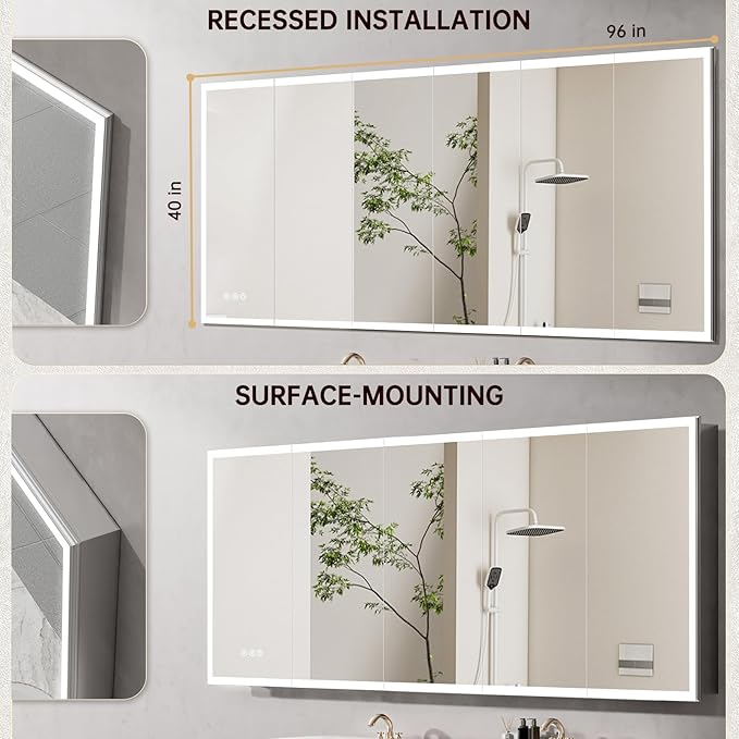 96"x40" LED Lighted Medicine Cabinet Mirror with Electrical Outlet & USB, Anti-Fog, 3 Color Temperature Stepless Dimmable, Aluminum Cabinet for Bathroom Storage and Modern Decor