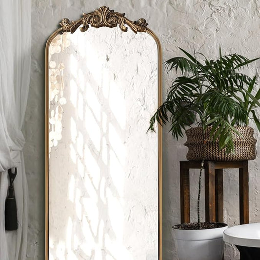 OUSHUAI Large Gold Antique Mirror, Tall Arched Floor Mirror,Ornate Design Vintage Wall Mirror Decor for Entryway,Hallway,Living Room,Fireplace 18"X53"