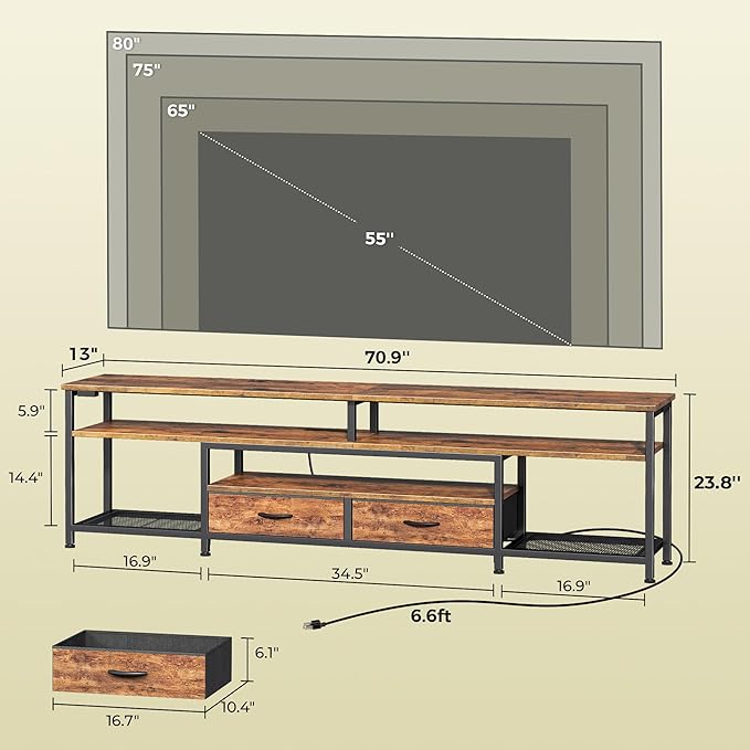 Huuger TV Stand for 75 80 Inch TV, Entertainment Center with Power Outlets and LED Lights, 70.9 Inch TV Console for Living Room, Media Console with Drawers and Shelves, Rustic Brown
