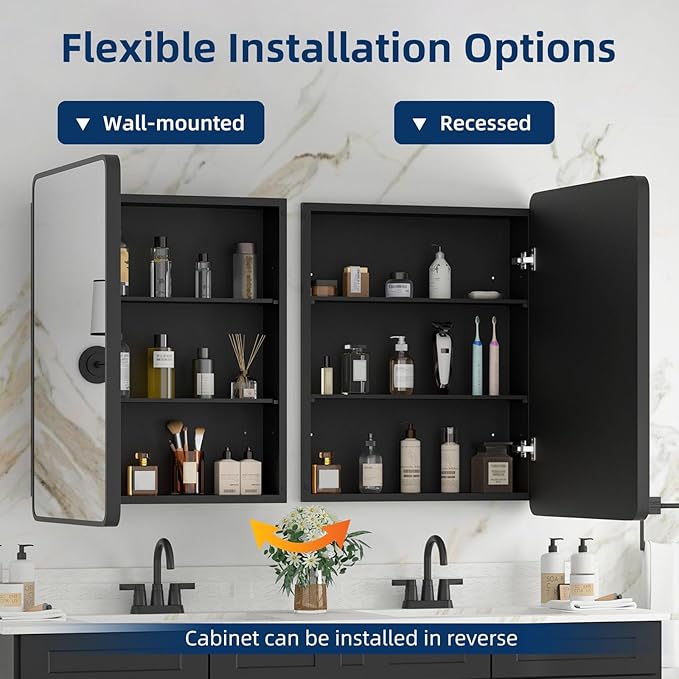 Medicine Cabinet 20 x 28 Inch, Black Bathroom Medicine Cabinet with Mirror,Metal Beveled Mirror, Adjustable Shelves, Recessed or Wall Mount, Sturdy & Solid, Bathroom Mirror with Storage