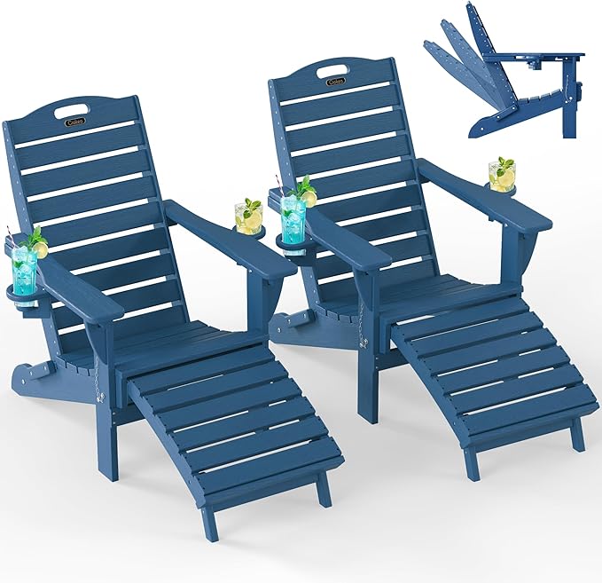 Ciokea Folding Adirondack Chair Set of 2 with Retractable Ottoman Fire Pit Patio Chair with Pull Out Foot Rest Weather Resistant Lawn Outdoor Chair with 2 Cup Holder(Navy Blue)
