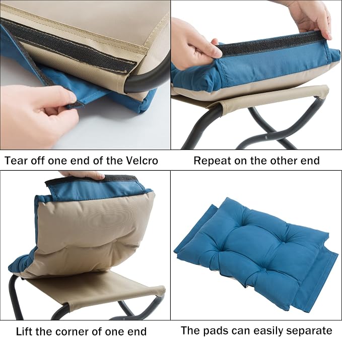 15" Folding Foot Stool for Patio, Small Accent Outdoor Ottoman, Metal Frame Foldable Foot Rest, Upholstered Morden Folding Footstool for Home Living Room Bedroom Washable Sapphire