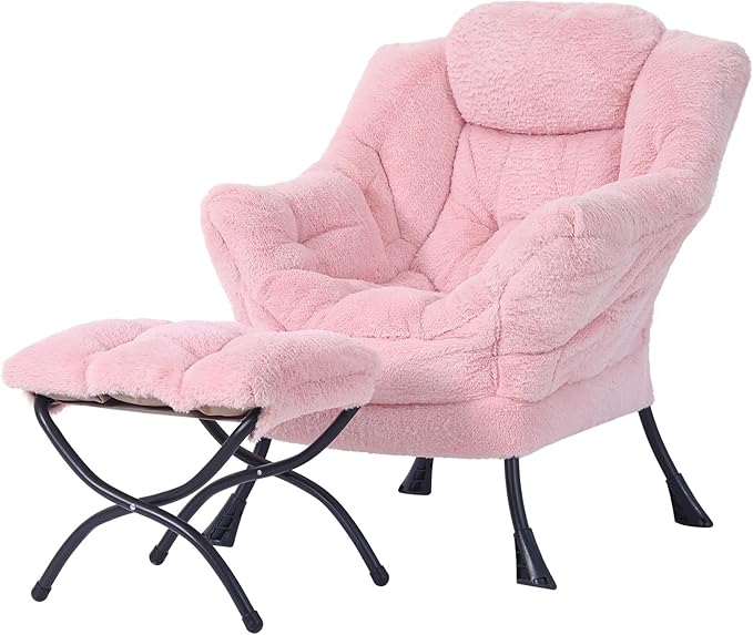 Welnow Lazy Chair with Ottoman, Modern Accent Chair with Armrests and a Side Pocket, Leisure Sofa Armchair Set, Reading Armchair with Footrest for Small Space, Plush Pink