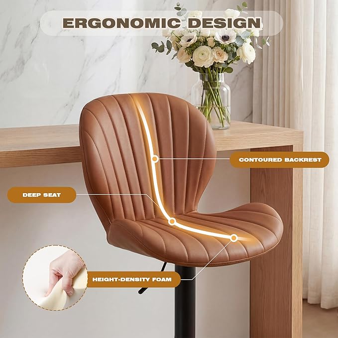 GRUSIGN Bar Stools Set of 4, Modern Swivel Adjustable Bar Chairs, Faux Leather Upholstered Counter Height Bar Stools with Backrest, Comfort Barstools for Kitchen Island, Home Bar, Brown