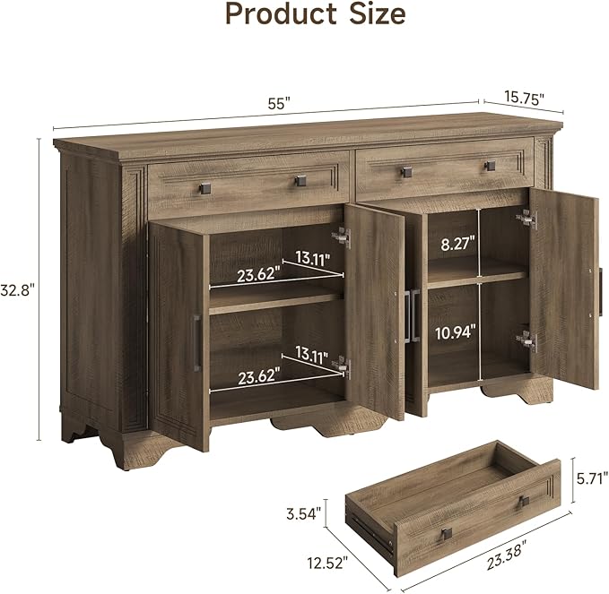 ONBRILL 55" Sideboard Buffet Cabinet, Kitchen Buffet Storage Cabinet, Large Credenza with Drawers & Doors, Wood Coffee Bar Console Wine Bar for Living Room Hallway Washed Brown