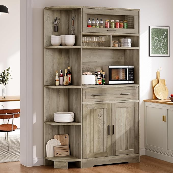 YITAHOME Kitchen Pantry Storage Cabinet, 67" Tall Kitchen Hutch with Outlet & Door & Shelves & Drawer, Farmhouse Wooden Microwave Stand Buffet Coffee Bar for Home Living Dining Room, Antique Gray