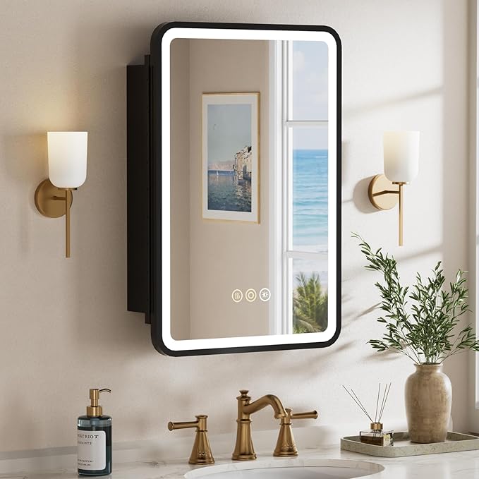 16x24 Inch Medicine Cabinet with Mirror, Recessed or Surface Mount Bathroom Medicine Cabinet with LED Lights, Anti-Fog, Memory Function, Adjustable Shelf, Dimmable Light, ETL Listed, Black,Left Hinge