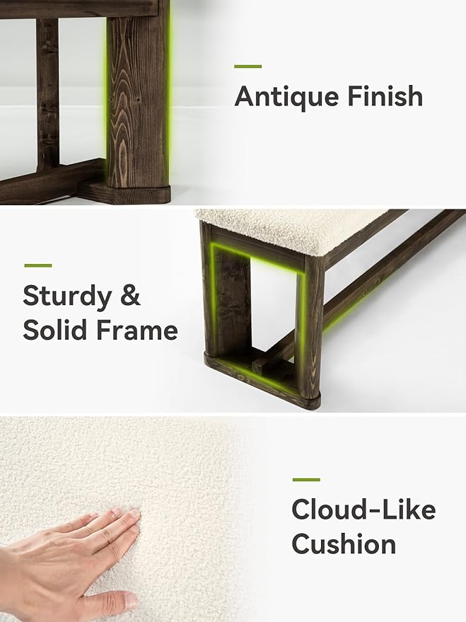 LITTLE TREE 63" Upholstered Bench, Solid Wood Entryway Shoe Bench with Cushion, Long Modern Farmhouse End of Bed Bench with Antique Brown Legs & Faux Lamb Fur Seat for Bedroom 2 PCS