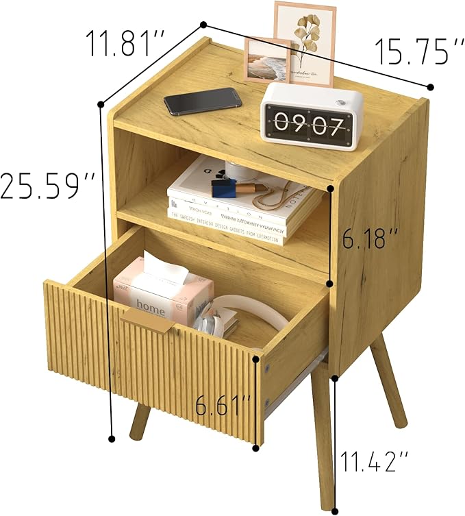 JOONEE Nightstand,Modern Bedside Table with Storage Drawer and Open Wood Shelf, for Living Room, Bedroom and Small Spaces, Accent Night Stand with Solid Wood Legs, Easy Assembly,Vintage Yellow Oak