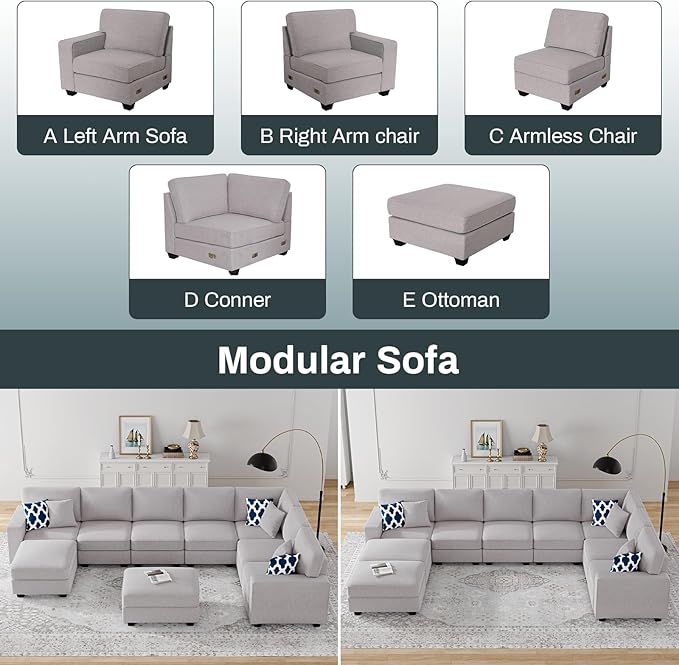 Legend Vansen Oversized Modular Sectional Sofa,U/L‑Shaped Reversible Couch with Ottoman,Deep Seat Plush Polyester Sofa for Living Room,9‑Seate,Light Grey